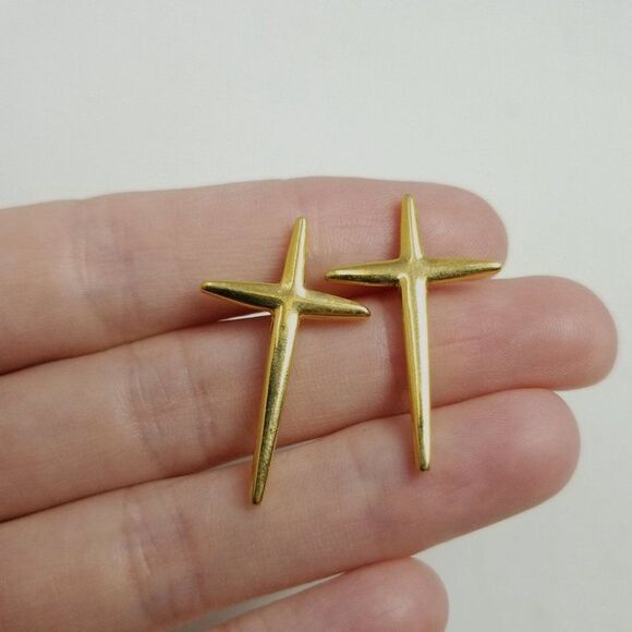 Vintage Gold Tone Cross Shape Stud Earrings, Religious Posts, Nice Size - Picture 2 of 6